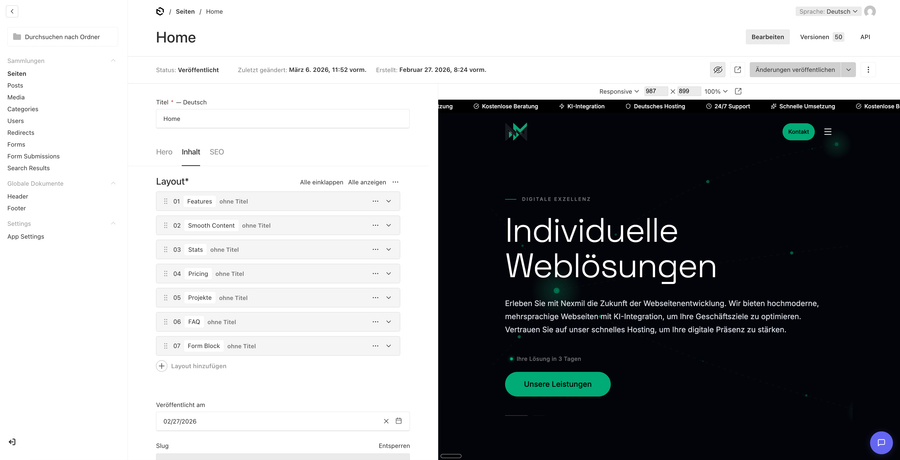 Website-Editor-Interface mit Navigation und Layoutoptionen für individuelle Weblösungen