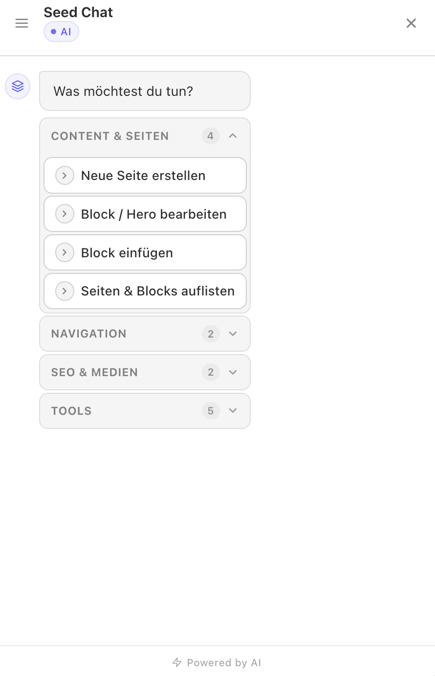 AI-gesteuerte Benutzeroberfläche zur Bearbeitung von Webseiteninhalten und SEO-Einstellungen.