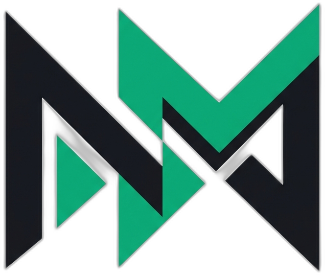 Abstraktes, modernes Logo in Schwarz und Grün auf schwarzem Hintergrund.